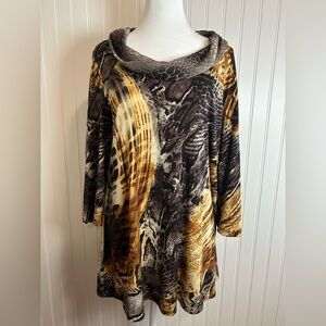 Susan Grave women  Multicolor Animal Print Cowl Neck Tunic Size S Asymetrical